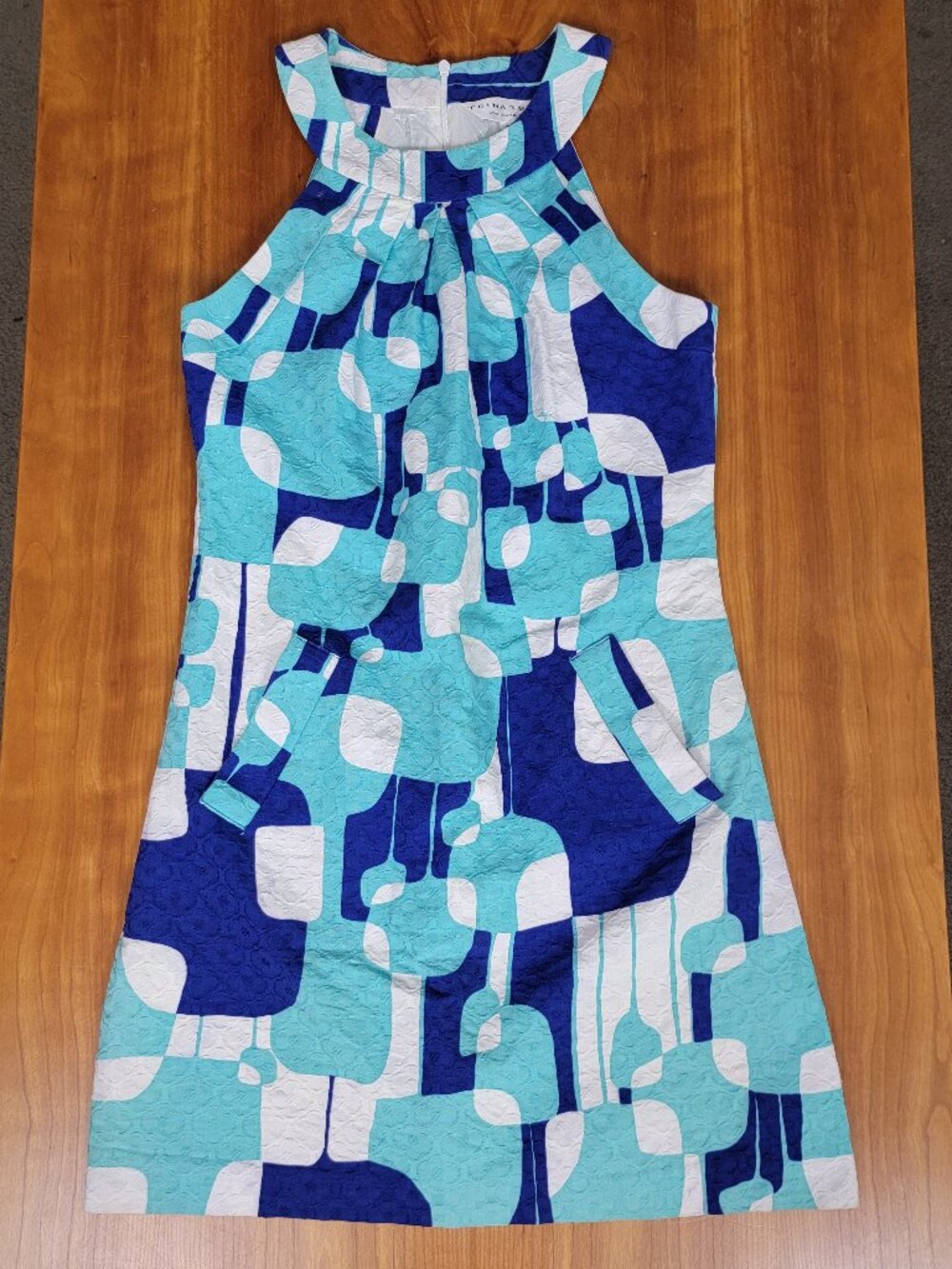 Trina Turk Geometric Halter Shift Mini Dress Blue White Turquoise Pockets - 0